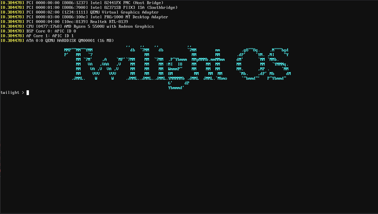 Twilight OS screenshot showing the kernel console with system information and commands